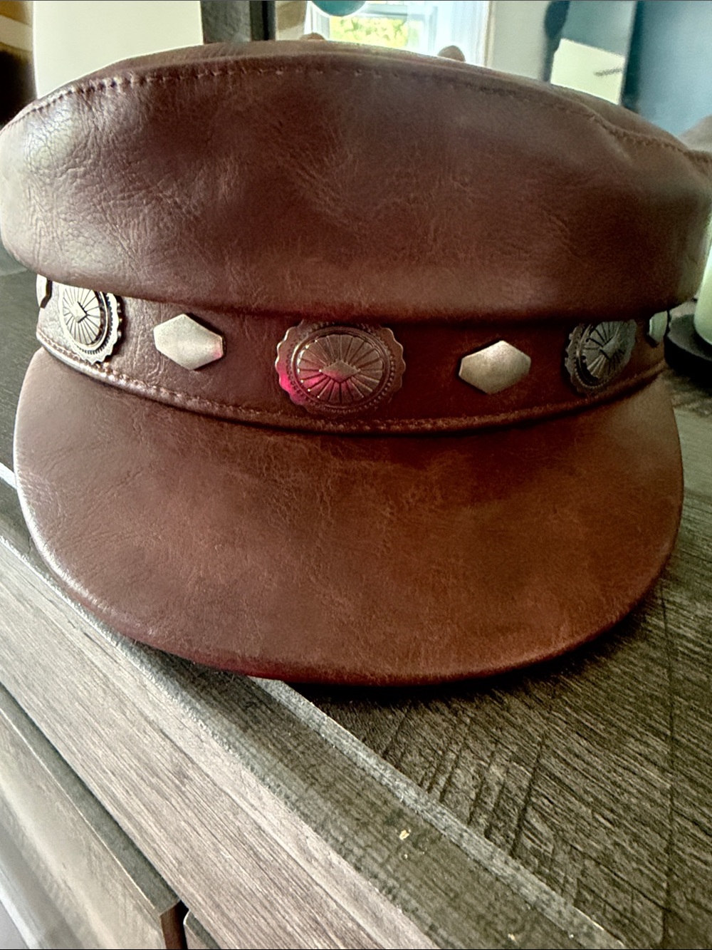 Free People Brown Leather Studded Baker Boy Cap